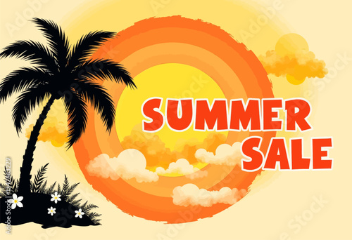 Cartoonish Summer Sale with Palm and Sun Graphic
