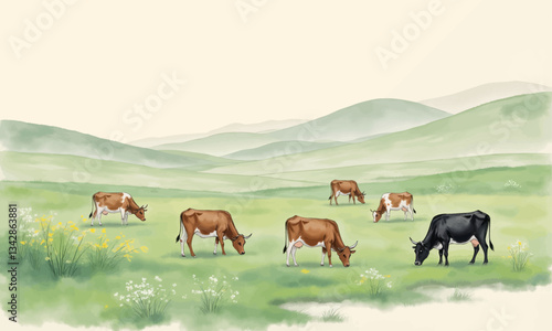 Cows grazing in a green meadow with rolling hills