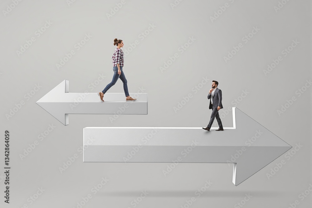 Fototapeta premium Businessman and casual woman walking on opposite directional arrows.