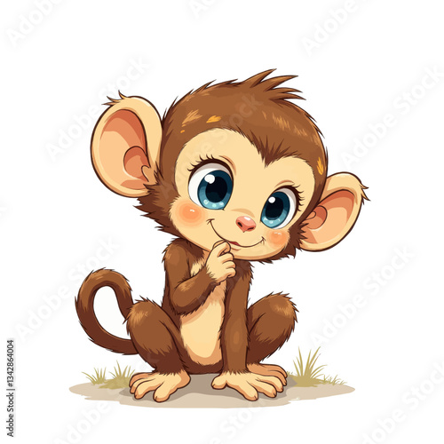 Cute brown cartoon monkey with big blue eyes
