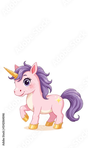 Cute pink unicorn with purple mane and golden hooves