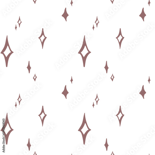 Shine or sparkle vector pattern with stars in mocha mousse color on white background. Sparkle star doodles vector seamless pattern