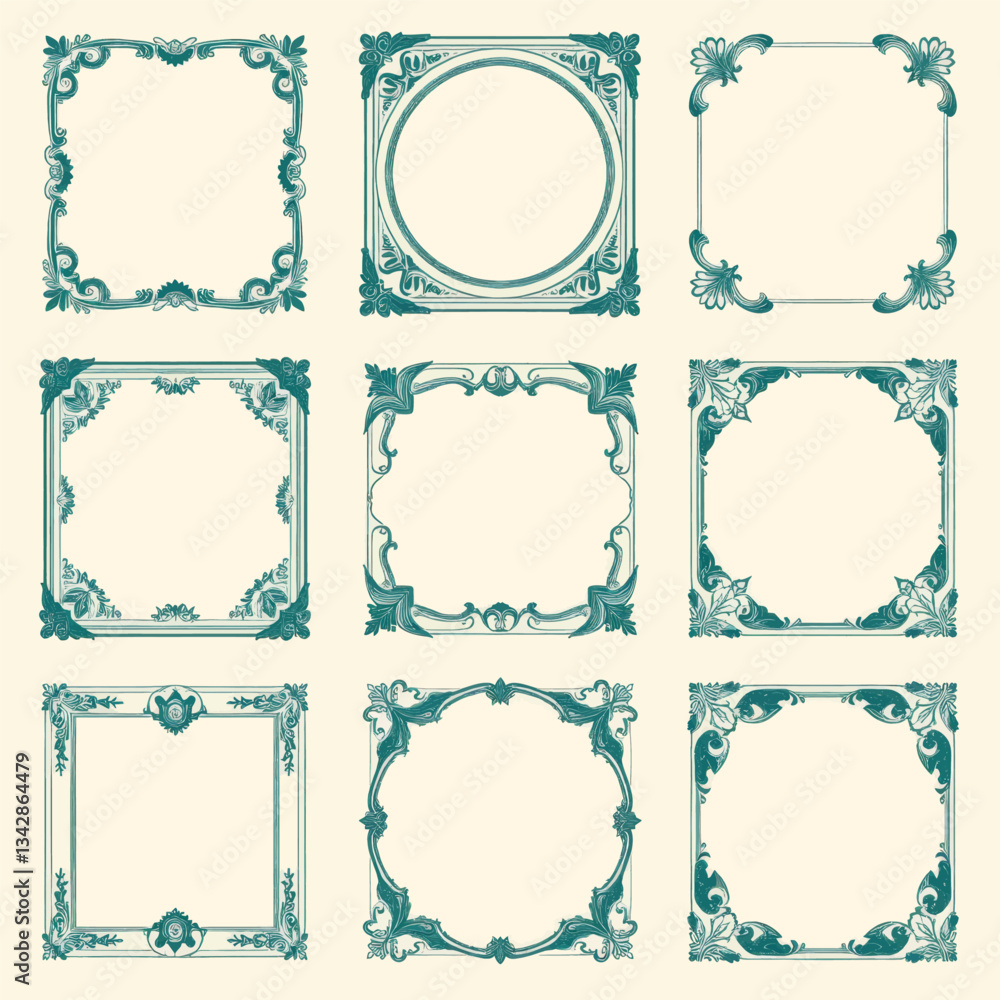 Decorative Teal Ornate Frame Collection on Cream Decorative Teal Ornate Frame Collection on Cream