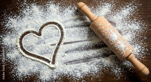 Baking Love Concept – Heart Drawn in Flour with Rolling Pin
