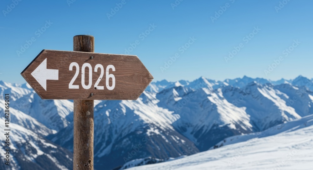 Wooden Signpost Points to 2026 in Snowy Mountain Landscape A New Year's Concept Wooden Signpost Points to 2026 in Snowy Mountain Landscape A New Year's Concept