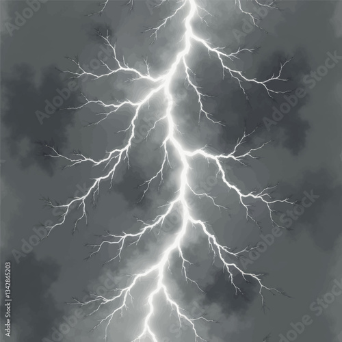 Dramatic white lightning strike on cloudy gray sky