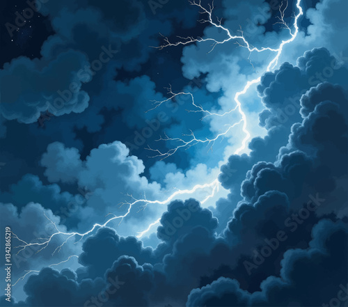Dramatic blue clouds brightened by lightning bolts