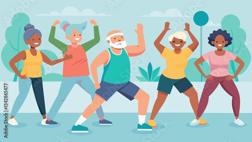 A diverse group of seniors ranging from athletic to more relaxed bond over a shared love of fitness during an aerobics class at the community center.. Vector illustration