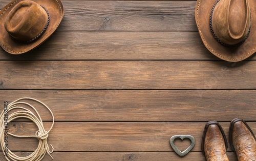 Authentic cowboy gear arrangement, rugged brown hat, scuffed leather boots, sturdy lasso, and vintage horseshoe on old wooden boards, Western nostalgia