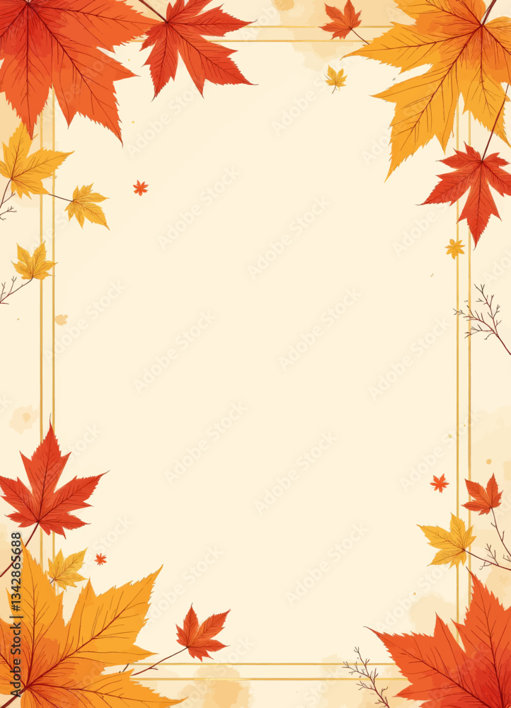 Fall Leaves Border with Golden Frame on Cream Background Fall Leaves Border with Golden Frame on Cream Background