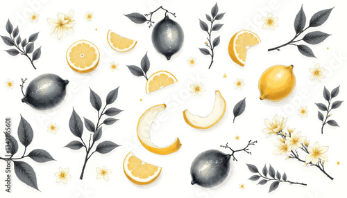 Elegant lemon fruit with gray leaves and blossoms pattern