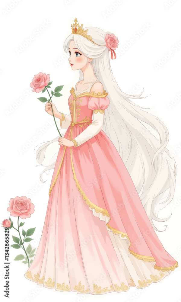 Fairytale princess with pink dress and rose illustration Fairytale princess with pink dress and rose illustration