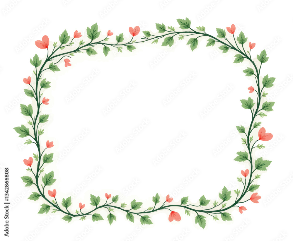 Fototapeta premium Floral frame with green leaves and heart-shaped pink flowers