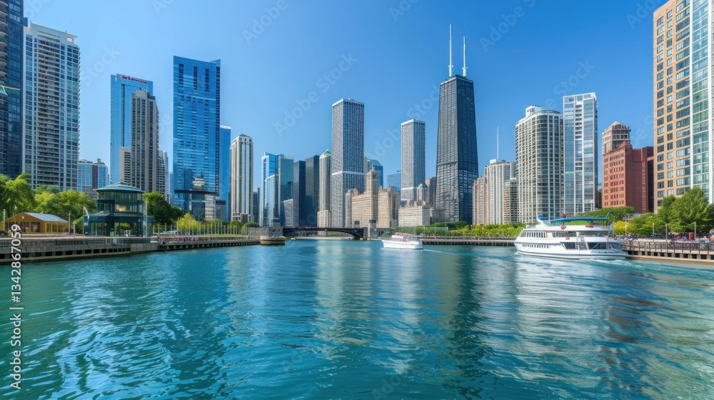 Fototapeta premium Chicago skyline featuring tall skyscrapers along Lake Michigan.
