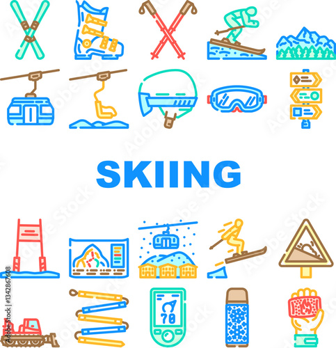mountain winter skiing resort icons set vector