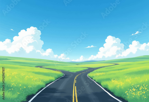 Fork in road through scenic green meadow, anime style
