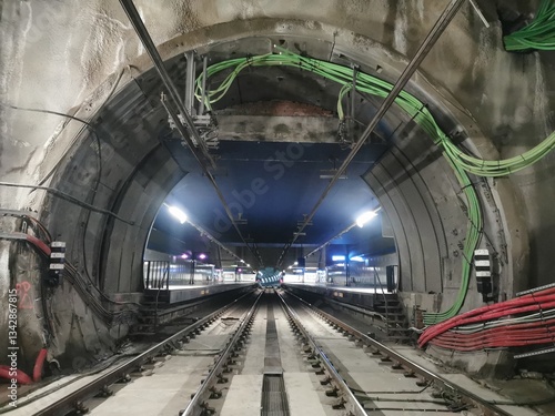 Illuminated metro tunnel leading to a station platform. Visible tracks, catenary, cables, and infrastructure. No trains present. Industrial setting with a perspective view of underground transportatio