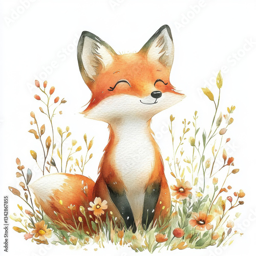 charming illustration of smiling fox surrounded by colorful flowers and greenery, evoking sense of joy and tranquility in nature. soft watercolor style enhances whimsical feel of scene