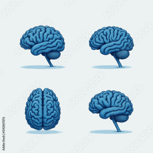 Four blue brain views pixel art style