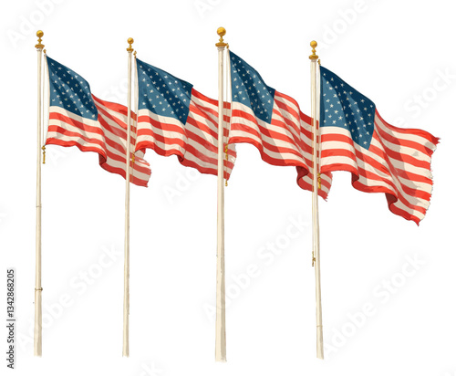 Four vintage American flags on poles, waving