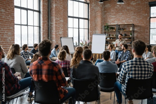 Creative people attending a business workshop in a modern loft-style office.
