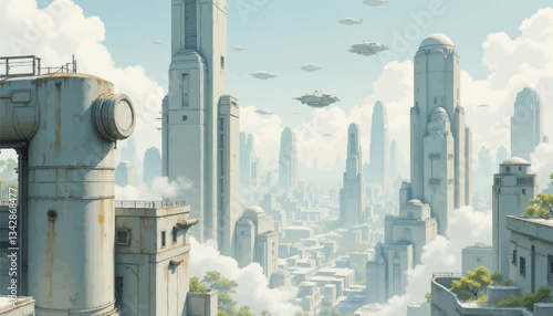 Futuristic white cityscape with flying crafts and clouds