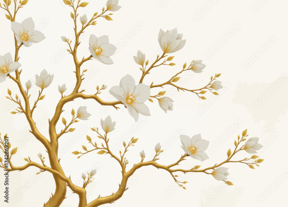 Golden branches with white flowers on an off-white background Golden branches with white flowers on an off-white background