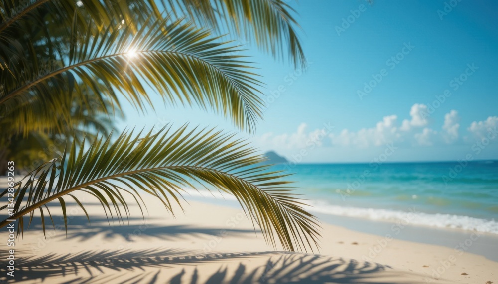 Obraz premium Serene Beach Scene Sunlit Sands, Palm Leaves, and Ocean Breeze
