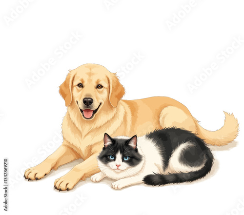 Golden Retriever and Tuxedo Cat Lying Together Illustration
