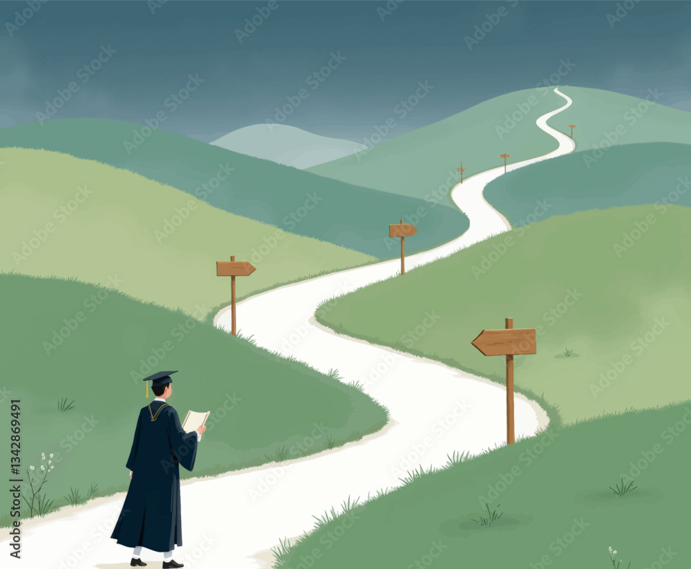 Graduate looks toward winding career path with guidance signs Graduate looks toward winding career path with guidance signs