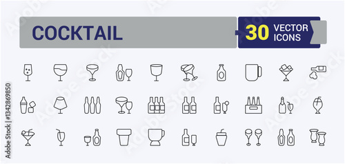 Cocktails simple icon set. It contains symbols to champagne, drink, martini, alcohol, wine, whiskey, beer and more. Perfect for logos and infographic. Drink line icon. Pixel perfect. Editable vector.