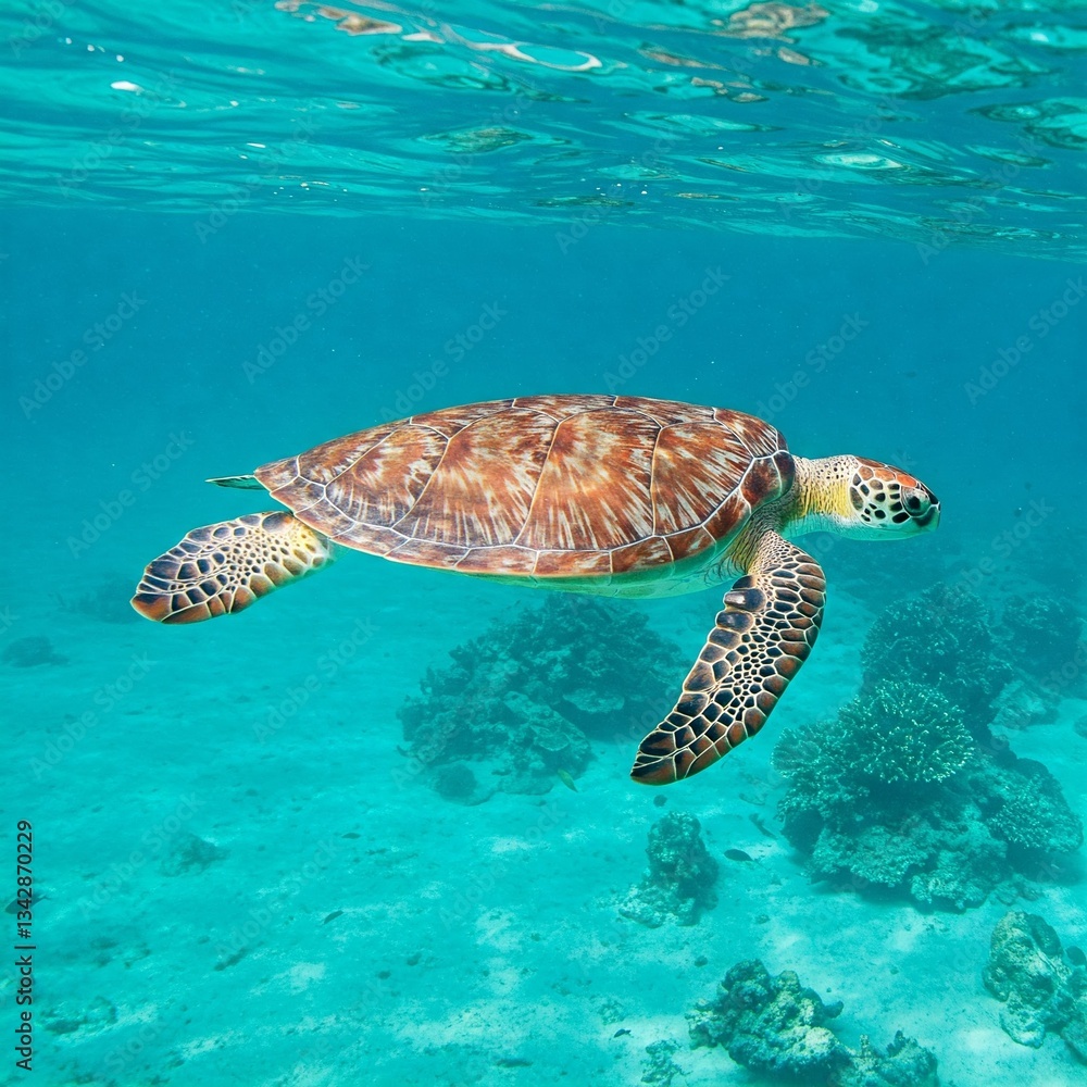 Fototapeta premium green sea turtle swimming in turquoise tropical ocean water