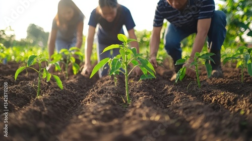 Group of People Planting Seeds in Green Agricultural Field