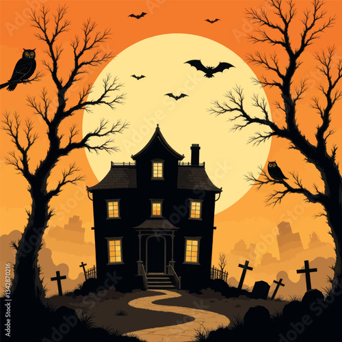 Halloween Spooky Mansion Bats and Owls Full Moon Orange Sky
