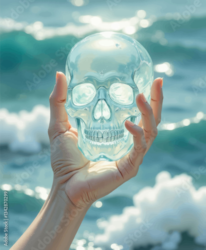 Hand Holding Clear Skull, Ocean Backdrop
