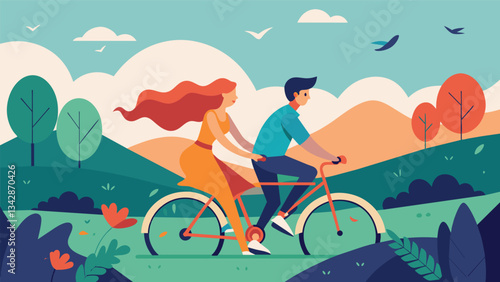 A couple takes a leisurely bike ride through the countryside the only sounds being the wind in their hair and the birds singing on their dopamine fasting day.. Vector illustration
