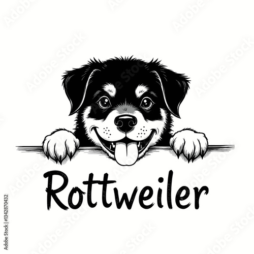 Happy Rottweiler Puppy Sketch, Black and White Art