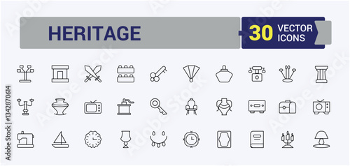 Antiques simple icon set. Contains such icons as heritage, archaeology, culture, history, old and more. Thin UI icons. Historical line icon set. Signs for web and mobile app.
