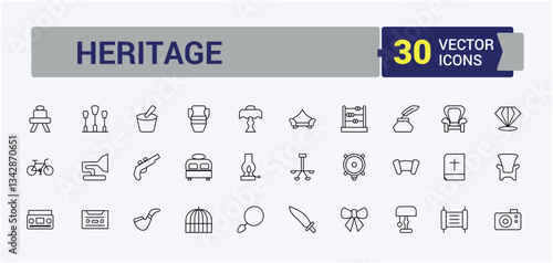 Antiques simple icon set. Contains such icons as heritage, archaeology, culture, history, old and more. Thin UI icons. Historical line icon set. Signs for web and mobile app.