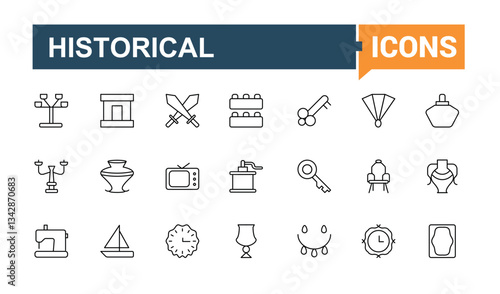 Antiques simple icon set. Contains such icons as heritage, archaeology, culture, history, old and more. Thin UI icons. Historical line icon set. Signs for web and mobile app.