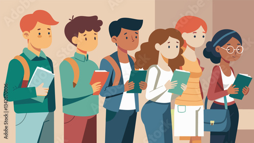 The anxious expressions of young students waiting in line to have their portfolios reviewed hoping for affirmation and validation of their hard work.. Vector illustration