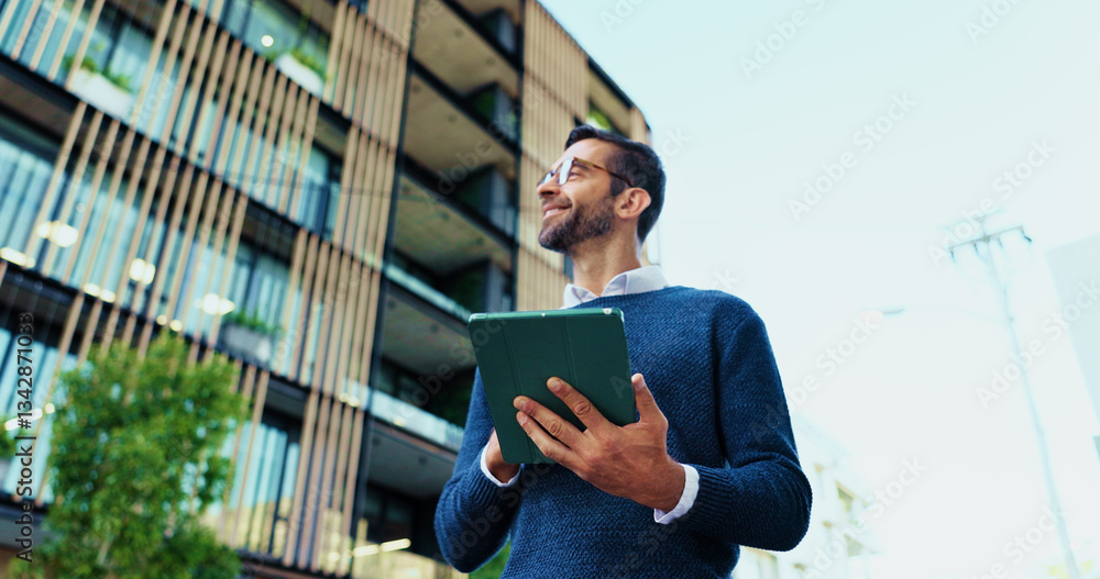 Fototapeta premium Thinking, businessman and research with tablet in city, realtor and project for property development. Below, real estate agent and inspiration with smile for online review, listing website or walking