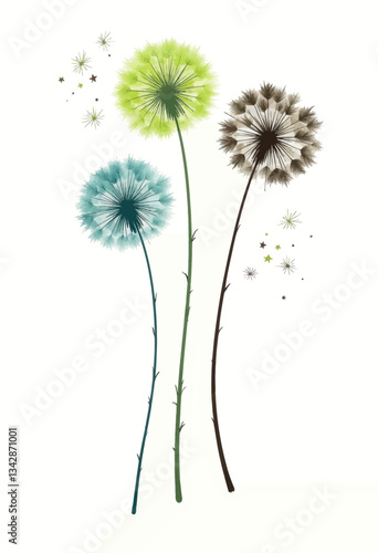 Wallpaper Mural Illustrated Dandelions in Blue, Green, and Brown Tones Torontodigital.ca
