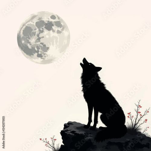 Howling Black Wolf Silhouette with Full Moon and Red Berries