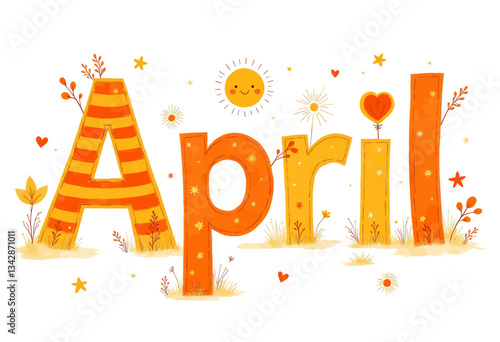 Illustrated Orange and Yellow "April" Greeting Card Design