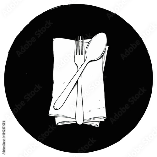 Ink drawing: Spoon, fork, napkin on black plate