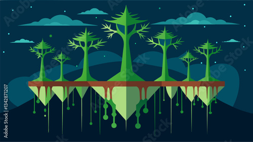 An otherworldly forest where trees grow upside down and sideways their roots representing the underlying data.. Vector illustration
