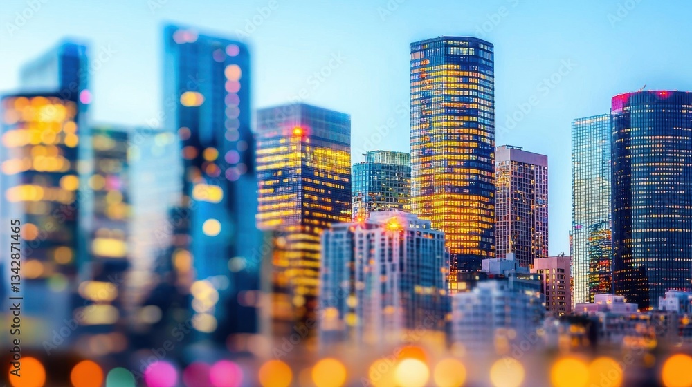 Obraz premium Urban Skyline with Blurred Lights at Dusk in a Modern City