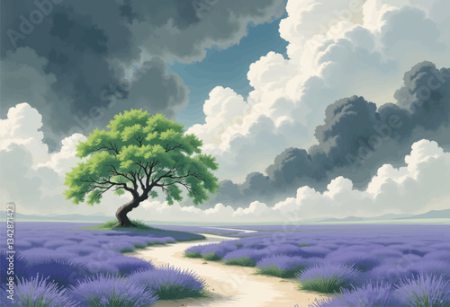 Lavender field, lone tree, dramatic cloudscape landscape