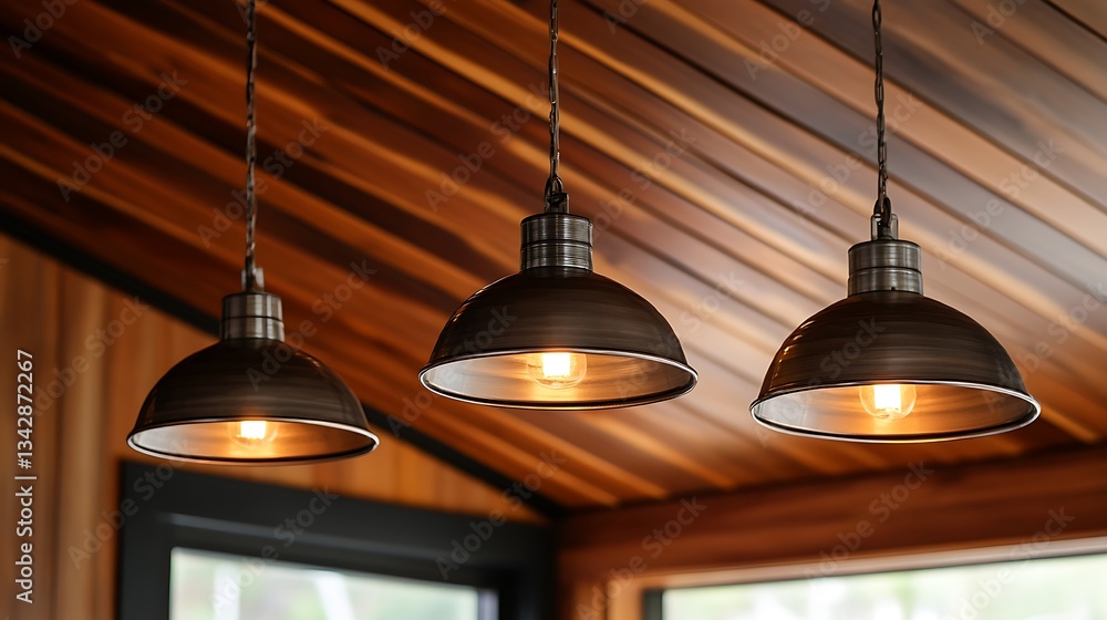 Obraz premium A hardwood ceiling with three metal lights hanging from it